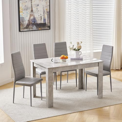 Homullel 5 Piece Dining Room Table and Chairs Set of 4 for Dining Room Kitchen, Modern Wooden Dining Table with 4 Chairs for Family Dinner Set (With 4Pcs Grey Leather Chairs, 120cm Grey Marble Table)