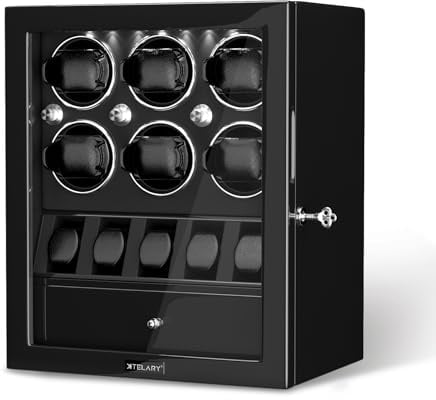 XTELARY Abschließbarer Uhrenbeweger für 2/4/6/8 mit 4 Rotationsmodi, Speicherplätzen,Aufbewahrungsschublade, Weißes LED-Licht Superleiser Motor und Federuhrkissen für Herren und Damen