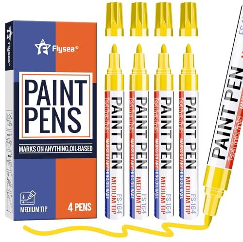 Alitastro Yellow Paint Pens 4 Pcs Oil Based Medium Tip Permanent Marker Pen | Waterproof, Quick-drying, Fade Resistant, 3mm Paint Markers for Rock Painting, Plastic, Metal, Car Tyre, Glass, Wood, Canvas