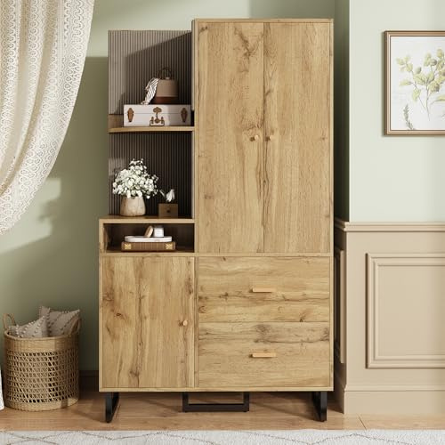 Merax Kompaktgarderobe 110x186x38 cm, mit Regal & Schubladen, Flurgarderobe Dielenschrank Kleiderschrank mit Türen, Schuhschrank & Ablageflächen, Moderne Garderobe für Diele & Flur, Holzfarbe