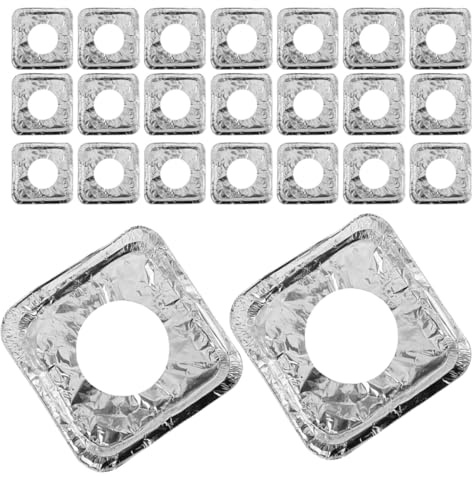 Herdabdeckung 100 Stück aus Aluminiumfolie, Silber, für Gasherd | Ölbeständig, Leicht zu Lagern, Quadratische Form mit Verstellbarer Größe für Brenner