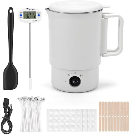 HISUEKIG Kit de cera para hacer velas, Derretidor Eléctrica de Cera 800 ml fundidor de cera para velas y 600 W para Hacer Velas con 100 Mechas, Termómetro, Cuchara Agitadora