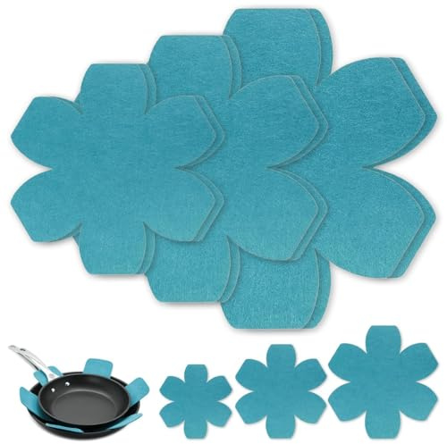6 Pieces Pan Protectors for Stacking, 26/20/15 cm Flower Felt Pan Protector | Non Stick Pot Protecting Pads, Adjustable and Space-Saving Pan Protector for Pots, Pans, Bowls, Dinner Plate(Blue)