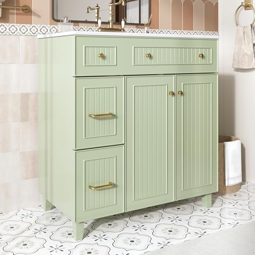 REXO Mueble de baño de pie con lavabo, 81,7 cm, con tocador de cerámica, superficie lacada, almacenamiento multifuncional y patas de madera maciza, diseño moderno y lujoso, color verde