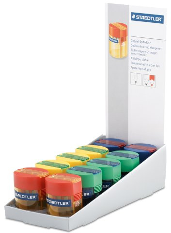 STAEDTLER 512 006 Round Double-Hole Tub Sharpener for Graphite & Colour Pencils up to 10.2mm Diameter - Assorted Colours (Pack of 10)