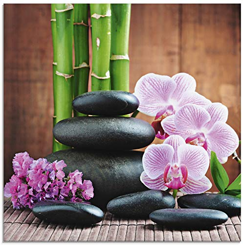 ARTland Wanddeko Glasbilder Wandbild Glas Bild einteilig 20x20 cm Quadratisch Natur Asien Wellness Zen Steine Blumen Blüten Orchideen Bambus Pink T5OO
