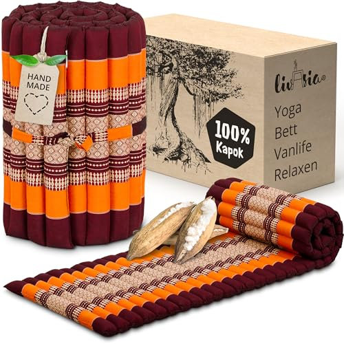 livasia Rollmatte Rollmatratze S schmal - 200x50x4,5cm - Gästebett Gästematratze 1 Person mit Muster, Reisebett Kofferraum Outdoor, Thaimatte Kapok für Garten Balkon handgefertigt (Orange)