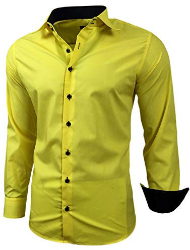 Baxboy Herren-Hemd Slim-Fit Bügelleicht Für Anzug, Business, Hochzeit, Freizeit - Langarm Hemden für Männer Langarmhemd R-44, Farbe:Gelb, Größe:L
