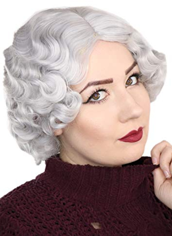 Prettyland Silber-Grau Oma Damen Kurzhaar Perücke Kinnlang mit Locken Retro Wellig Welle mit Seitenscheitel C805