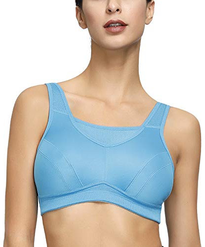 Deyllo Damen Sport BH Große Brüste starker Halt Sport-BHS Ohne Bügel für Fitness Joggen Lauf Yoga(Blau,44DD / 100E)