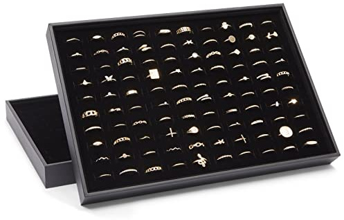 2-Pack Velvet Ring Jewelry Tray Display Pads with Faux Leather Case, 100-Slot Ring Boxes, 35 x 24 x 3 cm