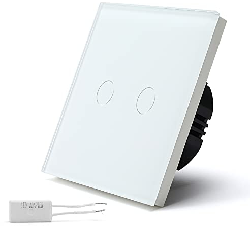 BSEED Dimmer Schalter 700W Berühren Sie den Wandlichtschalter Ausgeglichenes Glas Platten Funktioniert mit Dimmbaren LED-Lichtern 2 Fach 1 Weg Weiß