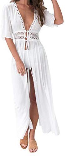 Minetom Damen Chiffon Kimono Sommer Leicht Lange Cardigan Mit Blumen Muster Einfarbig Spitze Boho Bikini Cover Up
