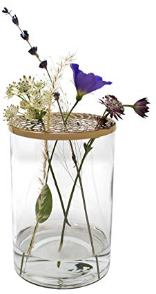 LaLe Living Vase Buket aus Eisen und Glas mit Ornament Gold, Ø10 x 15,5 cm