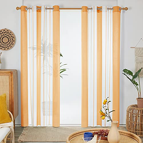 Deconovo Transparente Gardinen Wohnzimmer mit Ösen, Voile Ösenschals Boho Fensterschal Durchsichtig Nadelstreifen, 229x140 cm(HöhexBreite), Gold, 2er Set