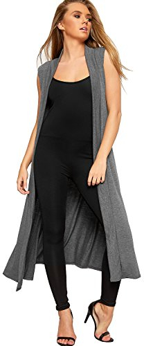 WearAll Women's Sleeveless Maxi Long Length Boyfriend Cardigan Collar Long Floaty Duster Jacket Coat Blazer Waistcoat - Dark Grey - 24-26