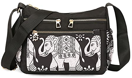 PORRASSO Casual Umhängetasche Damen Multi-Tasche Schultertasche Nylon Handtasche für Reisen Einkaufen Täglichen Gebrauch Elefant A