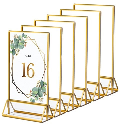 Dezzer Porte Enseigne en or Acrylique, 6 pack (4 x 6 pouces / 10,2 x 15,2 cm) Double Face et Verticale Tableau de Table pour Les Numéros de Table de Mariage, Affichage des Panneaux de Restauration