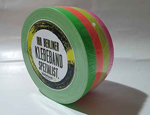 Klebeland 15mm x 25m Neon Tape Art Set, aus PE-beschichtetem Gewebe, mit 4 Rollen 15 mm 25 m, pink, grün, orange, gelb, Gewebeband neonfarbenes Klebeband, stark haftendes Gaffa-Tape, Mehrfarbig