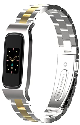 Gheper Metall Armband Kompatibel mit Fitbit Luxe/Luxe SE, Edelstahl-Schutzlünette Rahmen Gehäusedesign Armband Ersatz für Luxe/Luxe SE Smartwatch Zubehör,Silber Gold