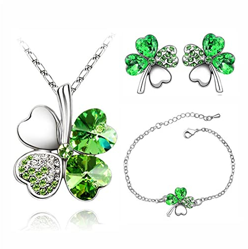 Gilieyer Vierblättriges Kleeblatt Schmuckset, Lucky Love Herz Kristall Anhänger mit Halskette Vierblättriges Kleeblatt Halskette Armband Oder Ohrringe für Mädchen Irischer Schmuck (Grün)