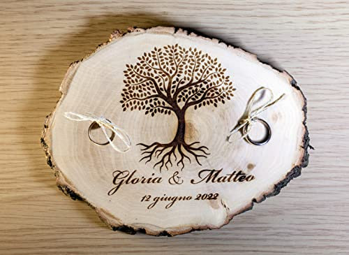 Porta fedi su fetta di legno con albero della vita, diametri da 10 a 19 cm, portafedi personalizzato per matrimonio o altro evento speciale anniversario, fedi nuziali