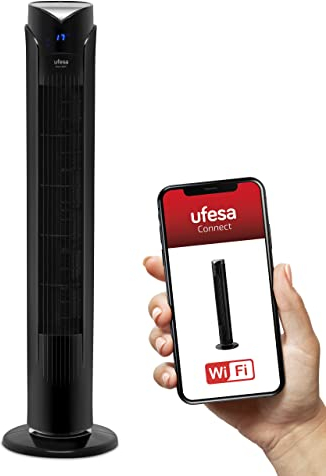 Ufesa Oslo WiFi Turmventilator mit Fernbedienung und WLAN, Ventilator mit App-Steuerung, Standventilator mit Touchpanel, 3 Geschwindigkeiten, 3 Modi, Timer 12 Stunden, Höhe 81cm, Oszillation, 45W