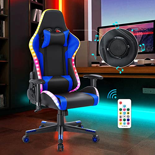 HomeMiYN Chaise de Gaming Professionnelle avec Lumière Surround Multicouleur LED et Haut-Parleur Bluetooth 5.0, Chaise de Jeu Réglable en Hauteur avec Coussin Lombaire, Design Ergonomique (Bleu Noir)