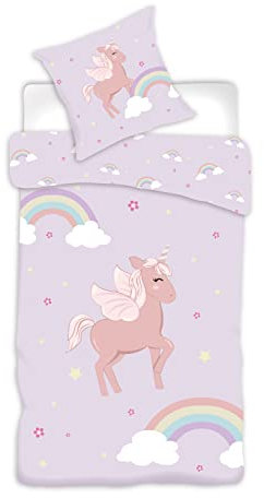 Brandmac Parure de Lit Licorne Rainbow, Réversible, 100% Coton, Housse de Couette 140x200 cm + Taie d'oreiller 65x65 cm