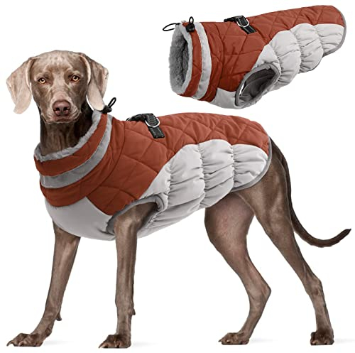 Kuoser Hundejacke Für Große Hunde - Wasserdichter Wintermantel Mit Geschirr, Warme Winterweste, Hundepullover, Haustier Skifahren Kostüm - Braun, XXL