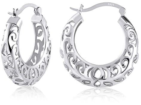 Silber 925 Creolen Ohrringe - Filigran Hohle Ovale Klobige Hypoallergene Sterling Silber Schmuck für Damen und Frauen