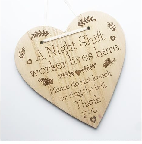 A Night Shift Worker Lives Here Sleeping Do Not Disturb or Ring The Door Bell Hanging Plaque Dr's Nurses Sign 3MM- Heart Shaped Wooden Engraved Plaque 3MM