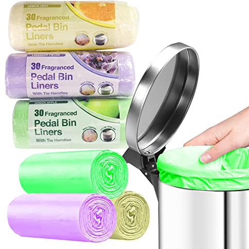 90 Pedal Bin Liners, 20 Litre Capacity, 3 Rolls of 30, Slightly Scented Bin Bags with Tie Handles for more Secure Fastening, Durable and Leakproof, Ideal for Kitchen, Bathroom, Office, Motorhome