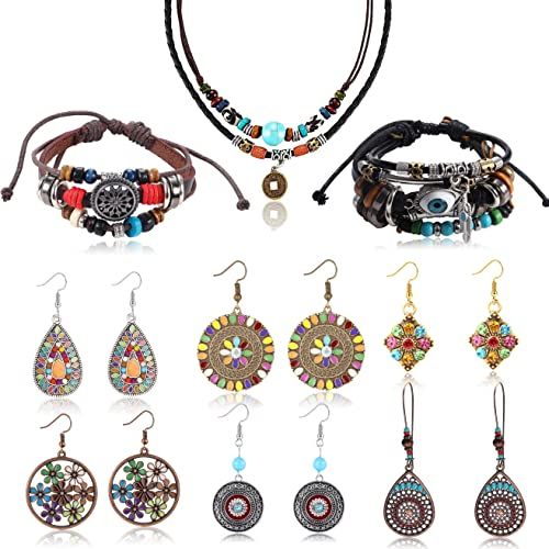 Milacolato Bohemian Vintage Schmuck Set für Damen Boho Retro Strass Ohrhänger Mehrschichtiges Perlen Lederarmband und Türkisfarbene Perlenkette Ohrringe Hängend Schmuck für Frauen Mädchen