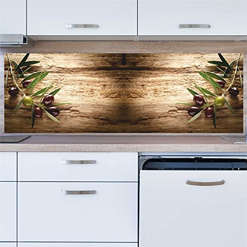 INDIGOS UG Küchenrückwand Platte für Fliesenspiegel - Olivenzweig auf Holz - 150x50 cm - Spritzschutz Aluverbundplatte hitzebeständig - Rückwand Küche modern abwischbar - Herd & Ofen Wandverkleidung
