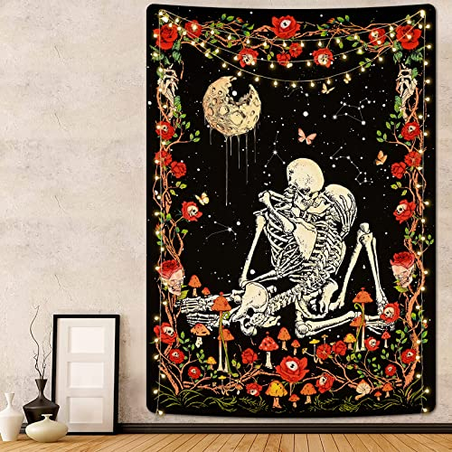 Alishomtll Paar Skelett Wandteppich Mond Blumen Reben Wandbehang Pilz Schädel Kuss Wandteppiche Garten Pflanzen Wandtuch Wandkunst für Schlafzimmer Wohnzimmer 210x150cm Mehrfarbig