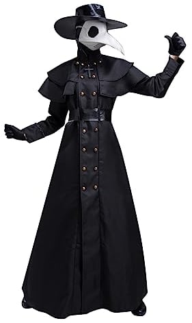 Halloween Kostüm für Erwachsene Mittelalter Steampunk Pestdoktor Krähe mit langem Mund Cosplay Mantel 6-teiliges Set Hut Maske Handschuhe Kleid Gürtel Schwarze Kopf und Halsbedeckung Schwarz