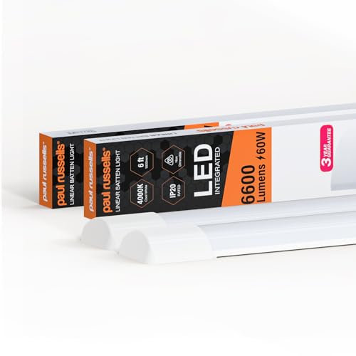 paul russells 6ft LED Batten, Ceiling Fitting Tube Light, 4000K Cool White, 60W, 6600 Lumens, Light for Office, Bathroom, Kitchen, Garage, Warehouse Fluorescent Lighting Replacement, 2 Packs