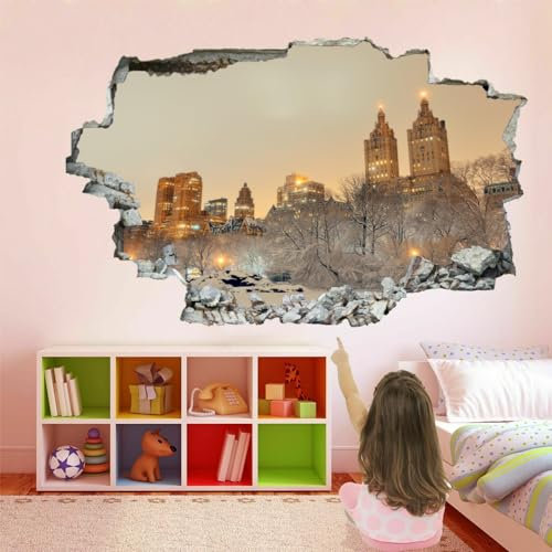 3D Durchbruch Wandtattoo Mädchen Kinderzimmer New York Wandaufkleber Dekorative Winterlandschaft Abnehmbare Wandsticker Vinyl für Junge Teenager Zimmer Wohnzimmer Schlafzimmer Wandbilder Deko