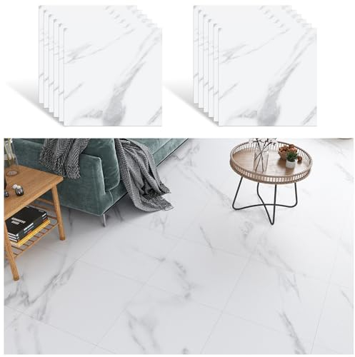 VEELIKE Dalle Adhesive Sol Marbre Blanc Carrelage Adhesif Sol Cuisine Carreaux Adhesif Salle de Bain Sol Adhesif Chambre Dalles PVC Garage Autocollant Carrelage Épaissir 1.5mm 30cm ×30cm 12 Pièces