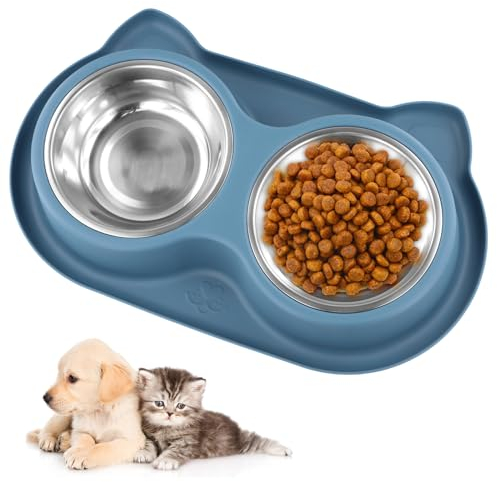 Anseom Double Cat Bowls Feeding Station Stainless Steel Double Cat Bowls Non-slip Cat Feeding Bowls Food and Water Bowls for Cats Blue
