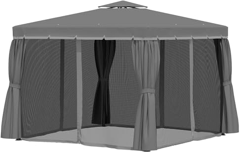 Outsunny Gartenpavillon Pavillon 2,96 x 2,96 m Partyzelt Gartenzelt mit Doppeldach Festzelt mit 4 x Seitenteile Moskitonetz wetterfest Polyester Aluminium Dunkelgrau