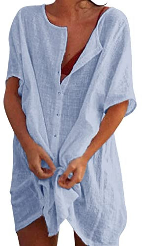 Angxiwan Home Must Haves Gadgets T-Shirt Damen Manschetten Tee Kragen Karierte Leinenbluse Baumwolle mit Knopleiste Poloshirts Falten Longbluse Damen Shirt 3/4arm