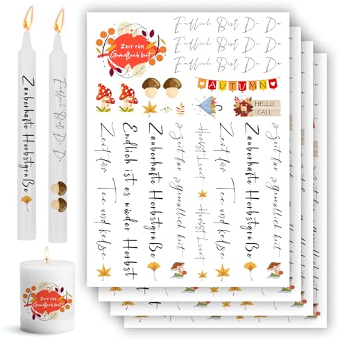 Bolosa 4 Stück Kerzentattoos, Wassertransferdruck,Wasserschiebefolie kerzen,Kerzenaufkleber Sticker, Kerzen Dekorieren, Herbst Kerze Aufkleber,Tattoo Folie für Herbstkerzen,Dekoration Selber Machen 4