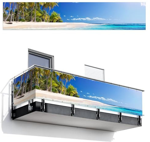 MuchoWow© Balkon Sichtschutz Einseitig 100x500 cm Groß Terrassen Gartenzaun Balkonfächer ohne Bohren Wetterfest für Zaun Terrasse Balkonbespannung Seitenschutz Strand - Meer - Palme - Sommer