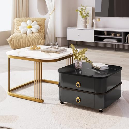 Lexiou Stapelbarer Couchtisch: hochglänzende Marmoroptik, goldene Akzente, Beistelltisch mit Schubladen. zweiteiliges Set (Schwarz und Grau)