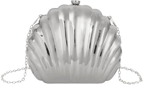MilyaDE Metallisch Muschel Clutch Damen Mini Glänzend Handtasche Geldbörse Schultertasche Umhängetasche mit Ketten, Silber