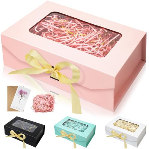 27.5 * 19 * 8.6cm Luxus Rosa Geschenkbox mit Deckel Falt Geschenkkartons mit Grußkarten und Schleife, Schmuck Geschenkverpackung Box für Valentinstag Geburtstage Weihnachten