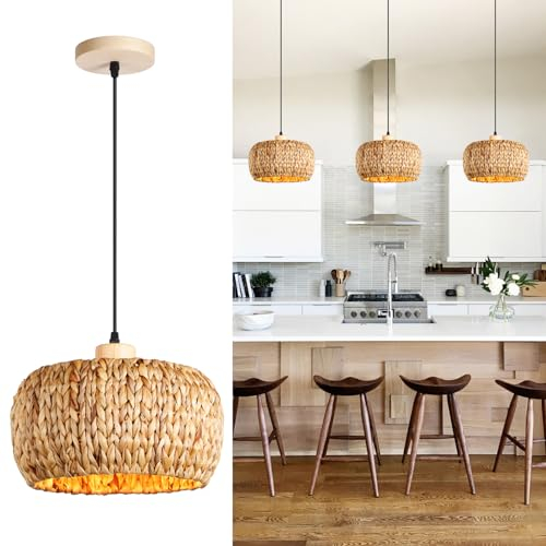 KZT Hängelampe Vintage Boho Rattan Lampe Pendelleuchte Natürlich Bambus und Holz Lampenschirm Hängeleuchte E27 Retro Pendellampe Höhenverstellbar Hängend Deckenleuchten für Schlafzimmer Esszimmer (A)