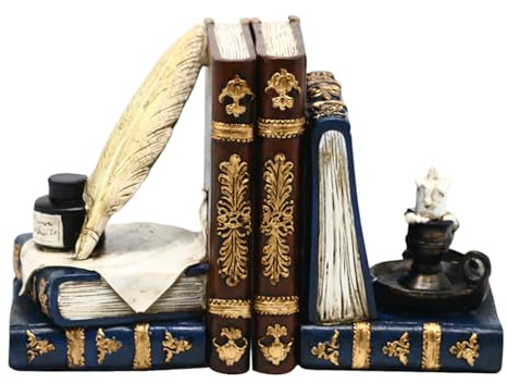 Decorative Vintage Bookends Unique Wizard Feather Quill Pen and Ink Bottle with Oil Lamp Antique Style Book Holders Heavy Duty Book Ends for Shelves Cottage Magic Home Decor